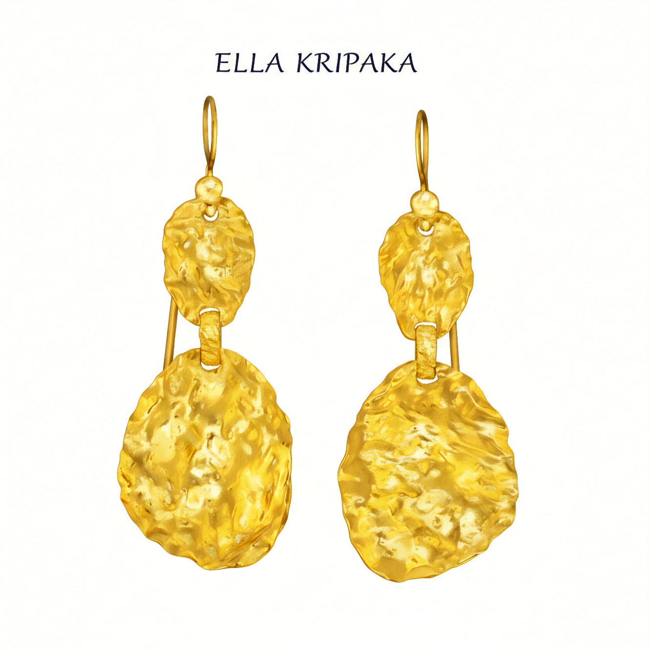 Organic 24k 9999 gold hammered wavy uneven earrings shiny gold textures are on white background, artist-jeweler's name 'Ella Kripaka'