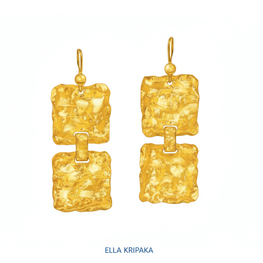 Organic hammered uneven 24k 9999 Gold square earrings on a white background, and with artist-jeweler's name 'Ella Kripaka' branding