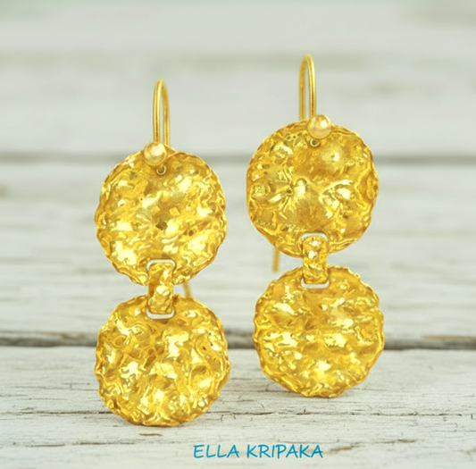 Hammered 24k 9999 Gold 11.5g &20.3g Organic Disks Earrings 22k