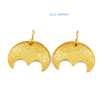 Hammered 24k 9999 Gold convex Moon earrings Ancient Rome style on a white background, and artist-jeweler's name 'Ella Kripaka' branding