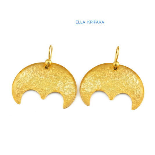 Hammered 24k 9999 Gold convex Moon earrings Ancient Rome style on a white background, and artist-jeweler's name 'Ella Kripaka' branding
