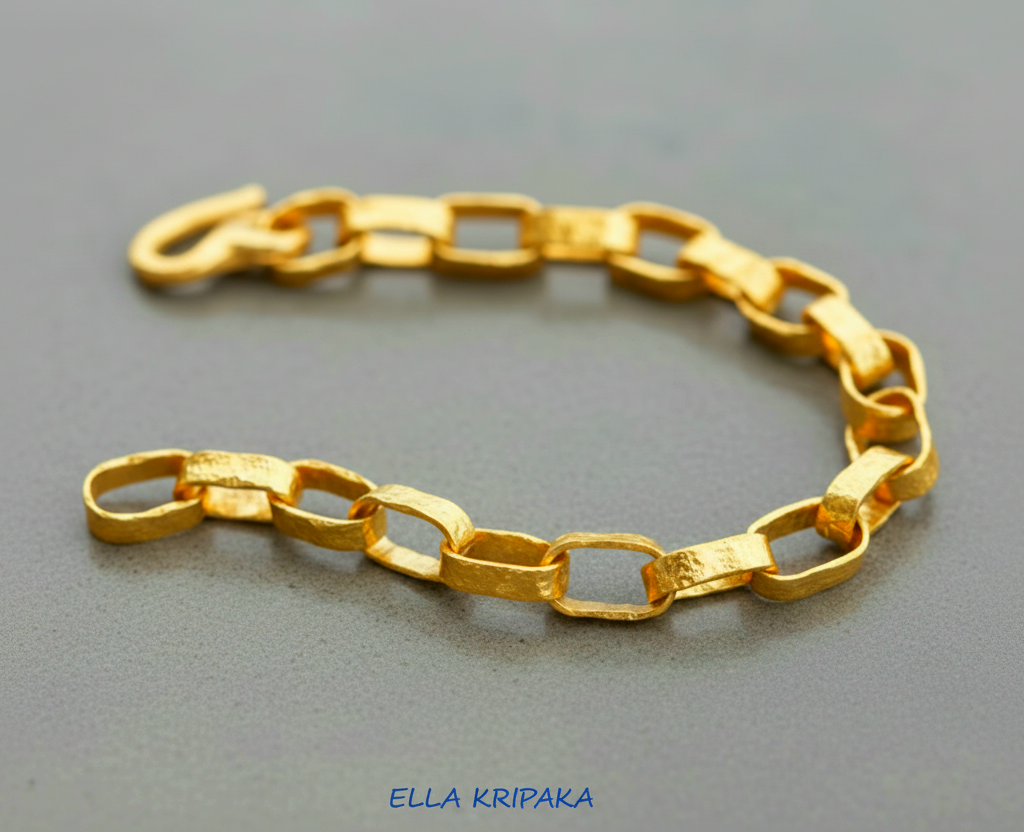 Hammered 24k 9999 gold chain thick bracelet with thick hook clasp Ancient Rome style on a grey background, artist-jeweler name 'Ella Kripaka' branding