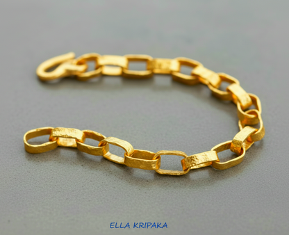Hammered 24k 9999 gold chain thick bracelet with thick hook clasp Ancient Rome style on a grey background, artist-jeweler name 'Ella Kripaka' branding